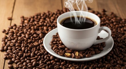 A steaming cup of coffee sits amidst a bed of roasted coffee beans, creating a rich and inviting image.