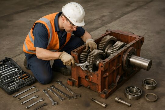 Engineer using a wrench while repairing a gearbox in an industrial environment, with tools laid out on the floor