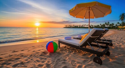 A tranquil beach scene at sunset, featuring lounge chairs, an umbrella, and a colorful beach ball, evokes a peaceful and relaxing summer mood.