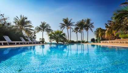 beautiful swimming pool and palm trees selective focus