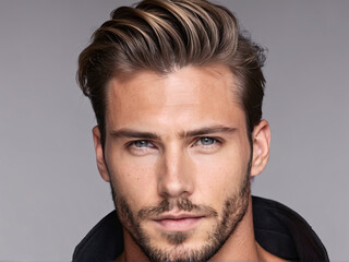 Modern messy slick back hairstyle on Caucasian man with beard