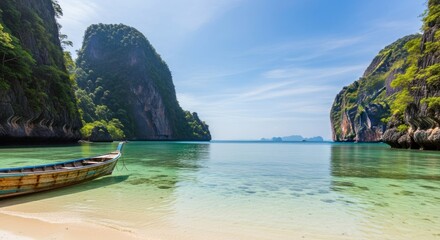 Obraz premium A tranquil tropical beach scene showcases lush, green hillsides, a calm turquoise sea, and a traditional wooden boat, creating a serene and idyllic atmosphere.