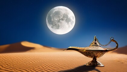 aladdin s lamp in the desert against the background of the new moon selective focus