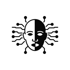 Vector art of abstract representation of a human face split into two contrasting halves, one dark and one light, surrounded by radiating circuit board elements