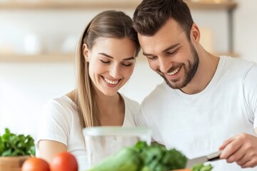 Happy Couple Cooking Together in a Bright Kitchen with Fresh Ingredients and Smiles on Their Faces