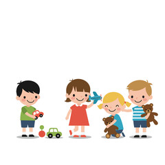 Obraz premium Children playing with toys including car airplane and teddy bears in colorful casual clothes vector illustration 