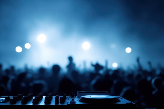 DJ equipment at a vibrant music festival with crowd dancing under bright lights in an energetic atmosphere