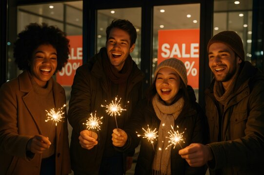 Four cheerful multi ethnic friends holding sparklers, celebrating in front of a shop window with a sale sign at night - Powered by Adobe