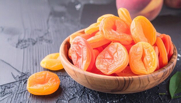 A bowl of dried peach slices, vibrant orange in color, sitting on a wooden table with a light, natural background. Ideal for snack packaging, natural fruit promotions