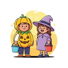 Children in Halloween costumes with pumpkin and witch outfits holding buckets for trick or treat celebration 