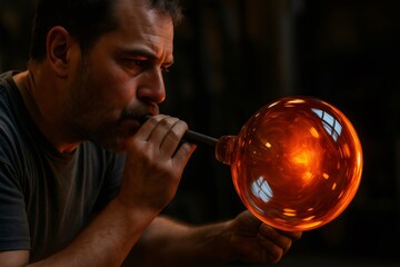 Glass artisan skillfully blowing molten glass through a pipe, forming a radiant sphere in a workshop filled with heat and creativity