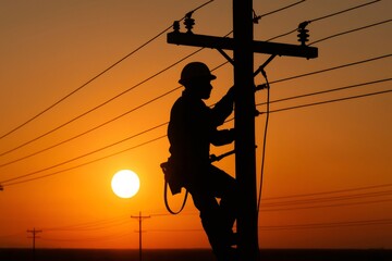 Silhouette of a power line worker repairing electrical wires on a utility pole against a vibrant sunset sky, highlighting the evening's glow