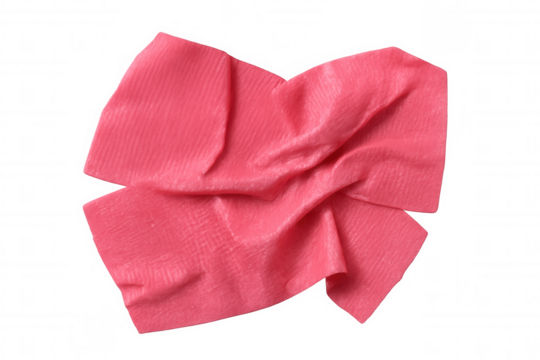 Crumpled pink chewing gum lying flat on transparent surface, highlighting soft folds and vivid candy-like coloration