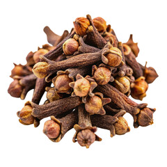 Obraz premium A close up view of a pile of dried cloves with brown stems and buds on a dark black background surface