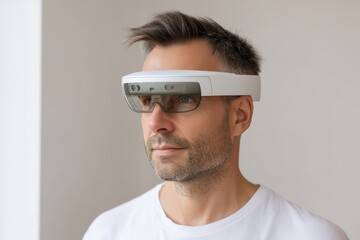 Fototapeta premium Man Wearing Smart Glasses for Enhanced Reality Experience in Modern Interior