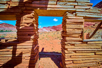 Desert Stone Ruins Framed by Sandstone Doorway in Paria Utah Afternoon Light