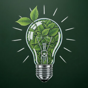 Green energy and sustainability concept. Lightbulb filled with green leaves, drawn on a chalkboard to symbolize eco-friendly ideas, conservation, and innovation.


