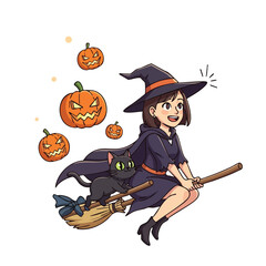 Girl witch flying on broomstick with black cat and glowing Halloween pumpkins vector illustration 