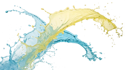 Yellow and blue paint splashes colliding on transparent background forming vibrant explosion with droplets and waves suitable for dynamic creative templates or design projects..
