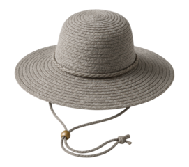 Elegant grey woven boater sun hat with wide brim, braided band, and adjustable chin strap with bead, Isolated on Transparent and White Background