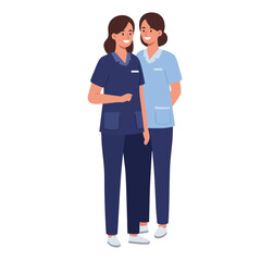 Fototapeta premium Two female healthcare workers standing together in nursing uniforms smiling with professional posture and friendly expressions 