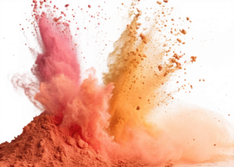 Pink orange and yellow powder pigments exploding on transparent background forming colorful wave effect suitable for creative templates, design layouts or graphic projects..