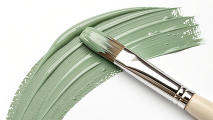 Flat paintbrush with wooden handle painting textured green stroke on white background for acrylic or oil paint smear design elements, templates, or decorative graphics..