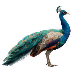 Majestic peacock displays vibrant iridescent plumage with elegant crest and long tail feathers.