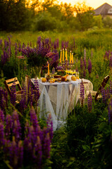 Summer vacation, marriage proposal, date or wedding concept. Romantic sunset dinner in a meadow. Table honeymoon set for two with gourmet food, glasses of limoncello. Garden party arrangement