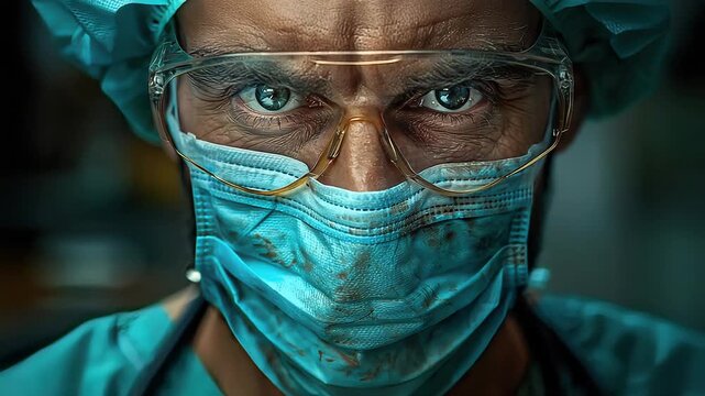 Tired doctor wearing protective mask and glasses standing in busy hospital emergency ward
