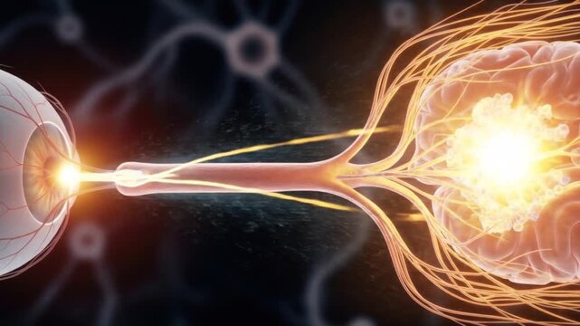 Illustration of eye connected to brain with neural pathways and light