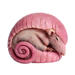 A cute pink fairy armadillo curls into a protective ball, showing its delicate features.