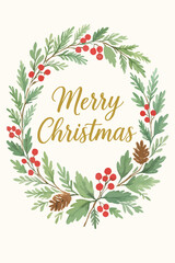 Merry Christmas Wreath Watercolor Celebration Decoration Holiday Design Decoration Card Pine Cone Holly Berries Gold Xmas Vector Design