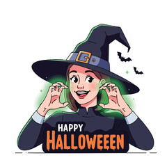 Halloween witch character with pointed hat and happy expression celebrating spooky event vector illustration 