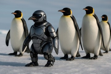 Fototapeta premium Robotic penguin walking across the icy expanse of Antarctica, mingling with a group of majestic emperor penguins in a surreal scene