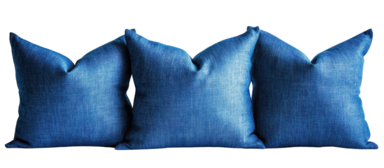 Three soft blue pillows set isolated on a white transparent background