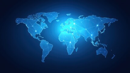 Digital World Map with Connected Nodes and Global Network Visualization in Blue Tones