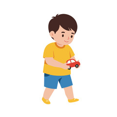 Fototapeta premium Boy playing with red toy car in yellow shirt and blue shorts vector illustration 