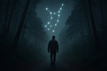 Man walking on a misty path in a forest at night under the Virgo constellation, astrology and stargazing concept