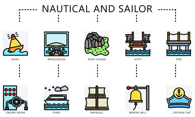 Nautical and sailor outline color icons set. contain buoy, wheelhouse, rock island, jetty, pier, ferry, engine room, main sail, cap and more. Vector for UI, UX kit, web and app navy, transportation © arga muria