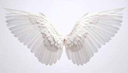 Fototapeta premium White angel wing isolated on transparent background for design, realistic feather texture, 