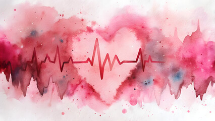 Watercolor texture depicting abstract pulsating heart rhythm with broken pink and crimson lines for heart-related deceases awareness