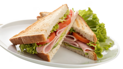 Delicious club sandwich cut in half with fresh lettuce tomato and ham isolated on transparent background