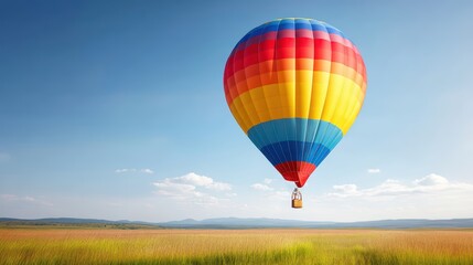 Fototapeta premium Vibrant Hot Air Balloon Over Colorful Field Under Bright Blue Sky with Whispers of Clouds