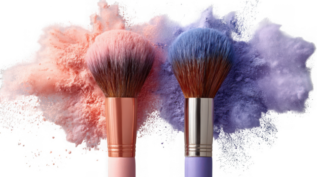 Two makeup brushes with colorful powder explosion isolated on transparent background