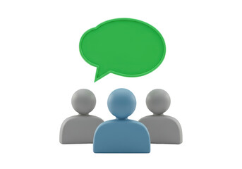 Isolated group discussion concept with green speech bubble above people icons, team communication
