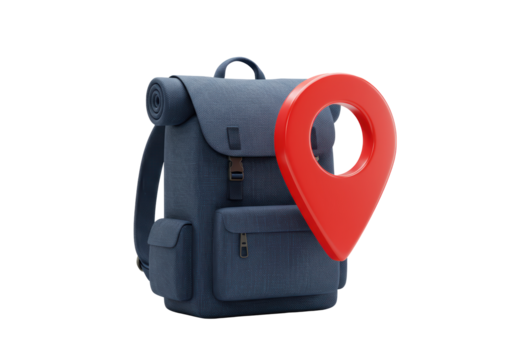 Isolated blue backpack with red map pointer pin for camping, travel, journey concept