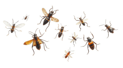 Different species of bees and insects are captured in mid flight against a bright background highlighting their diversity and important roles in nature