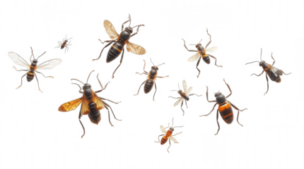 Different species of bees and insects are captured in mid flight against a bright background highlighting their diversity and important roles in nature