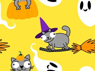 Halloween animals seamless cats pattern for wrapping paper and fabrics and linens and kids clothes print